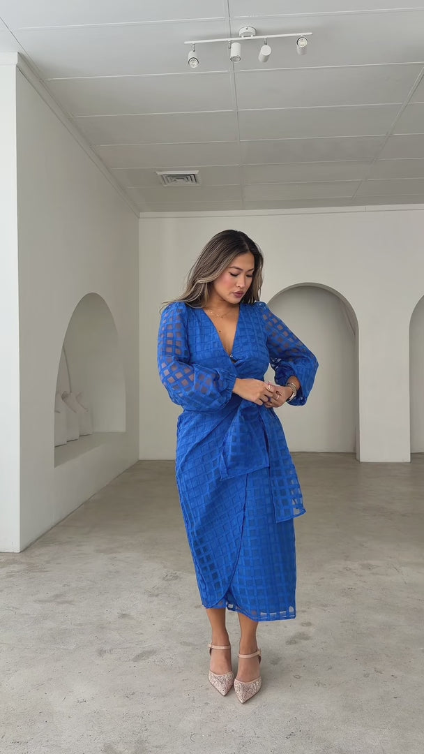 Koko Long Sleeve Midi Dress - Blue Check Organza