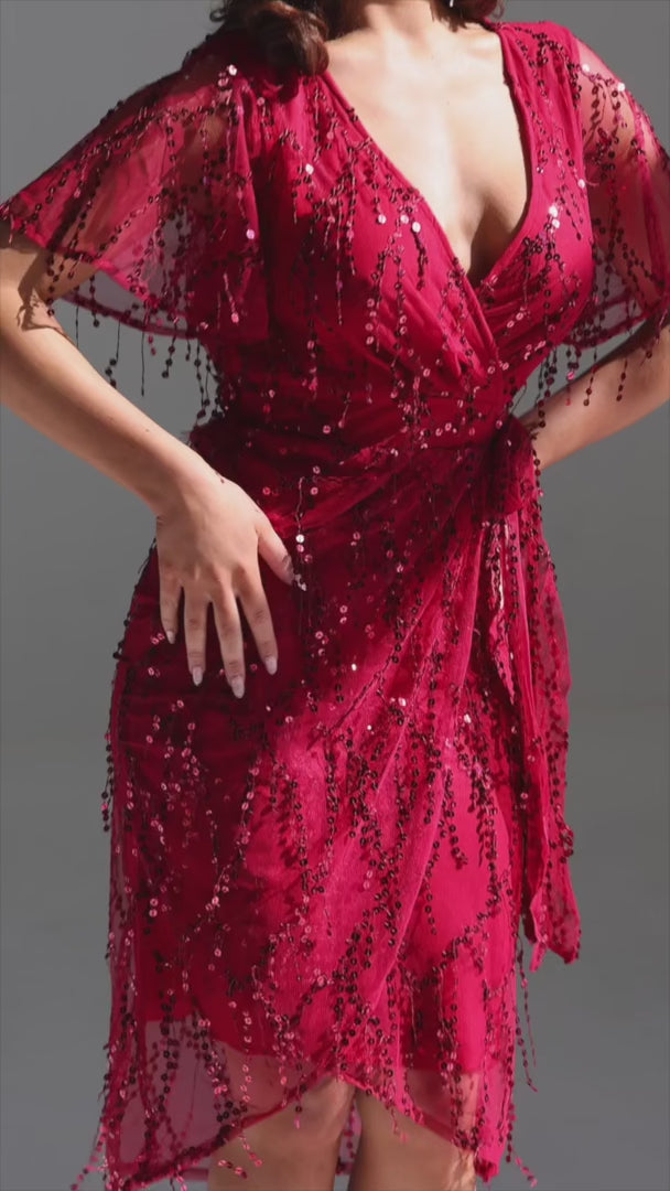 Fireworks Sequin Midi Dress - Wine