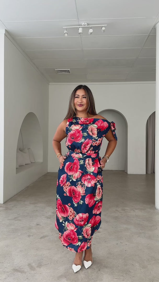 Solene Midi Dress - Navy Red Floral