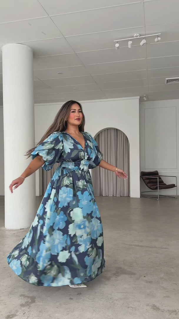Monique Puff Sleeve Maxi Dress - Navy Blue Floral