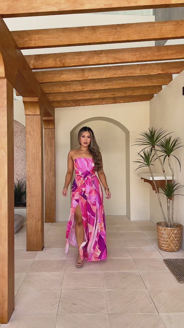 Lagoon Split Detail Jumpsuit - Pink Abstract Print