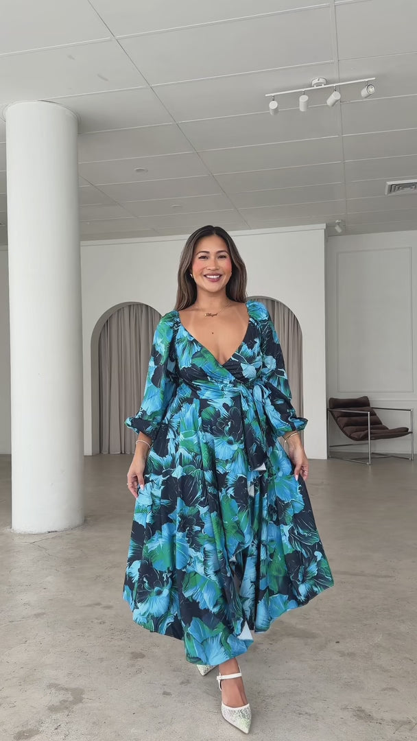 Rossetti Long Sleeve Wrap Maxi Dress - Blue Green Floral