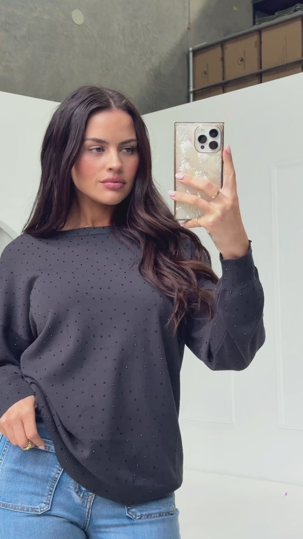 Kimani Diamante Knit Jumper - Charcoal Black