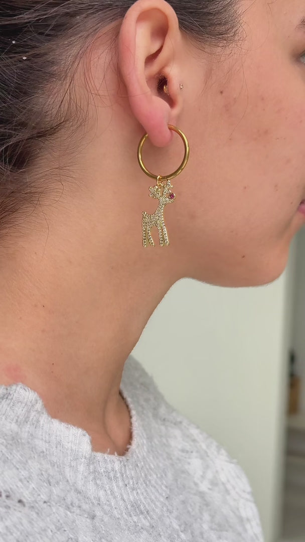Prancer Hoop Charm Earrings - Gold Reindeer Diamante