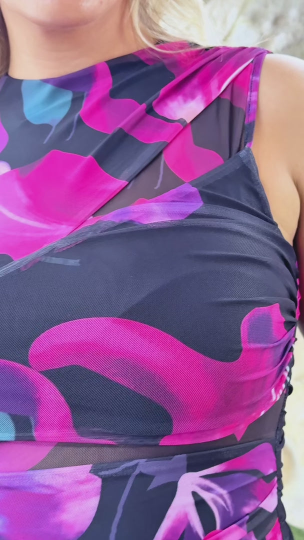 Olida Mesh Maxi Dress - Black Pink Purple Floral