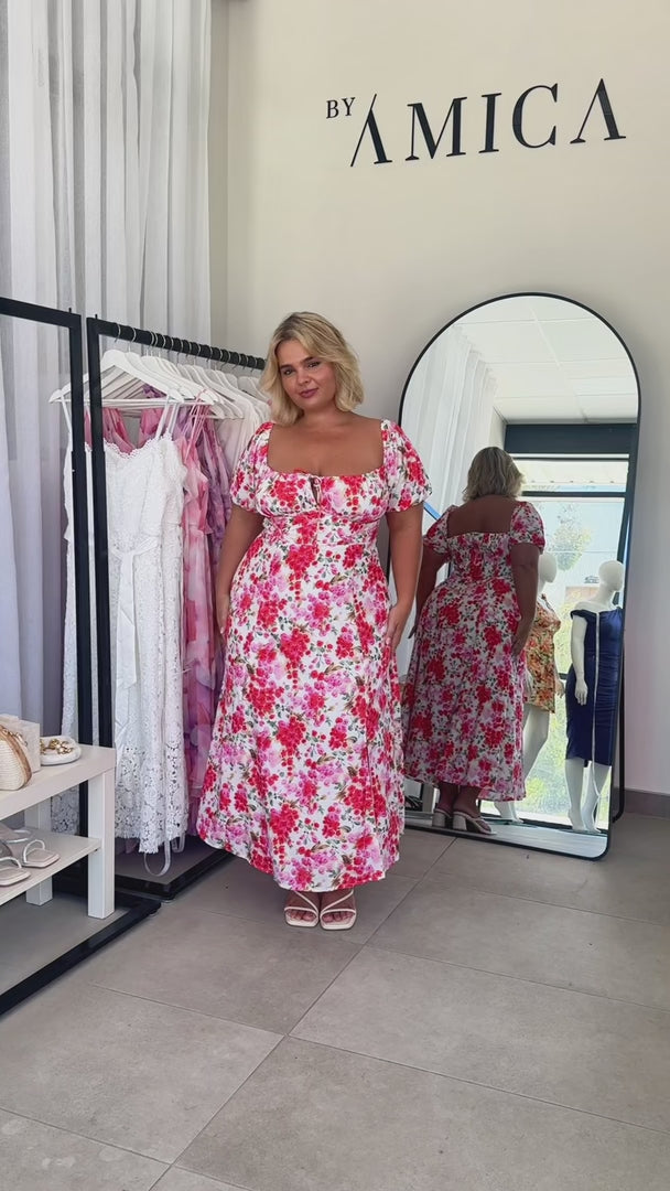 Kiaya Midi Dress - Red Pink Floral