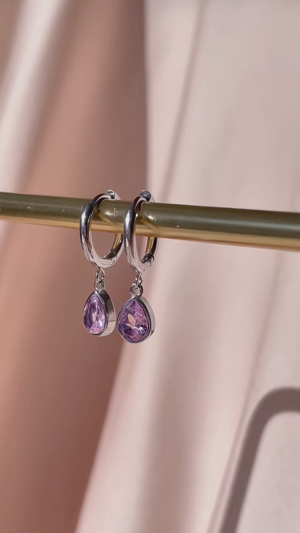 Lynnie Dainty Hoop Charm Earrings - Silver Pink Tear Diamante