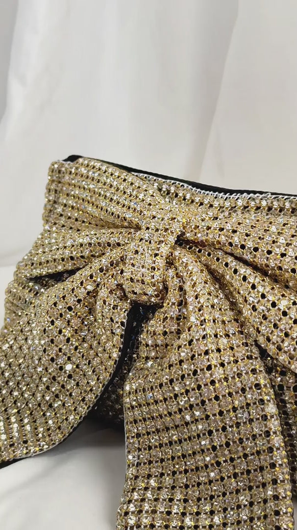 Bessie Crystal Rhinestone Clutch Bag - Bow Light Gold