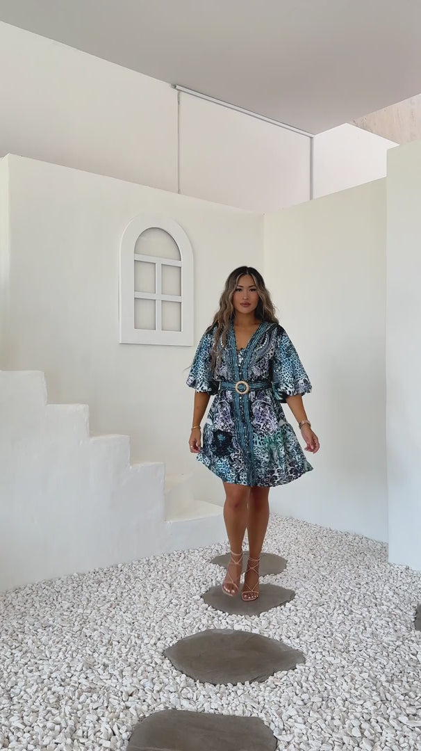 Gemini Gem Embellished Dress - Blue Print