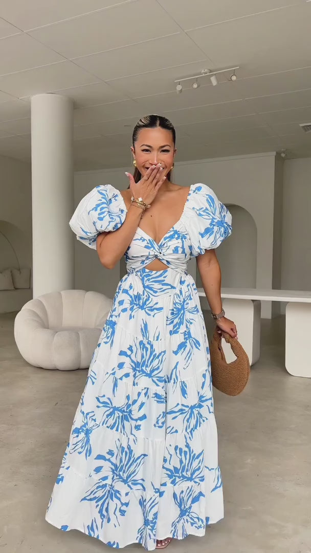 Bretta Maxi Dress - White Blue Print