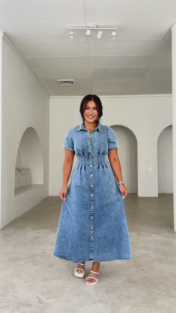 Brimble Short Sleeve Denim Maxi Dress - Blue