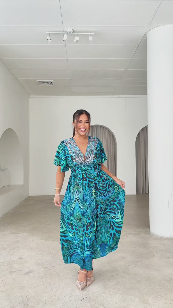 Celise Gem Embellished Maxi Dress - Blue Leopard Snake Print