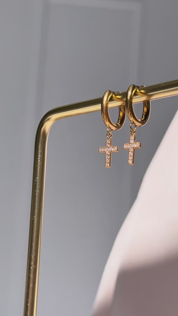 Truth Hoop Earrings - Gold Cross Diamante Charm