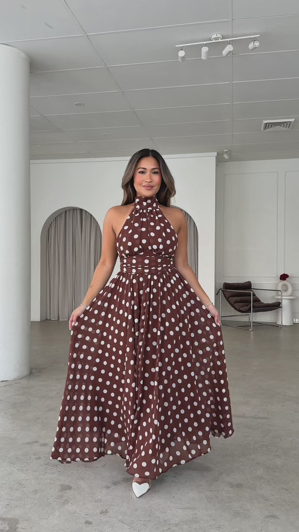 Akoni Maxi Dress - Chocolate Brown Polka Dot