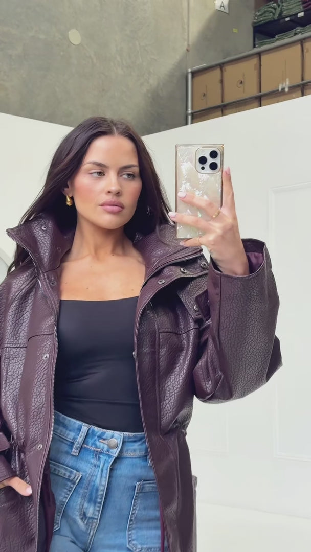 Gianna Faux Leather Parka - Wine Texture