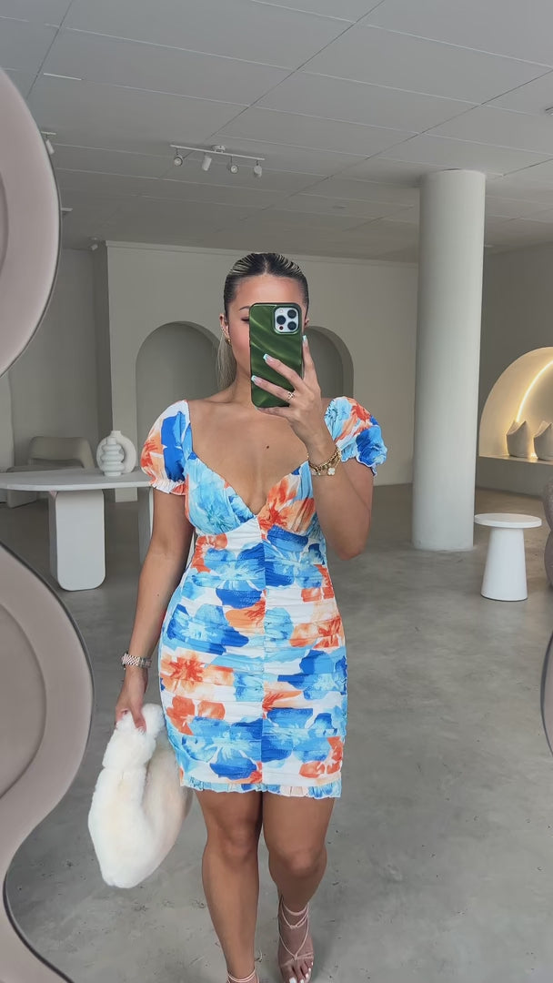 Marlow Mini Dress - Blue Orange Floral