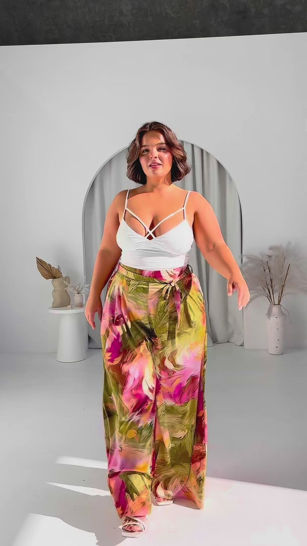 Paradise Lily Wide Leg Pants - Olive Pink Abstract Print