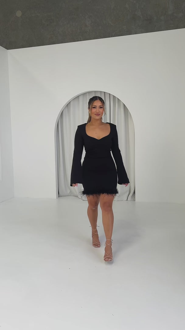 Oscar Feather Trim Mini Dress - Black