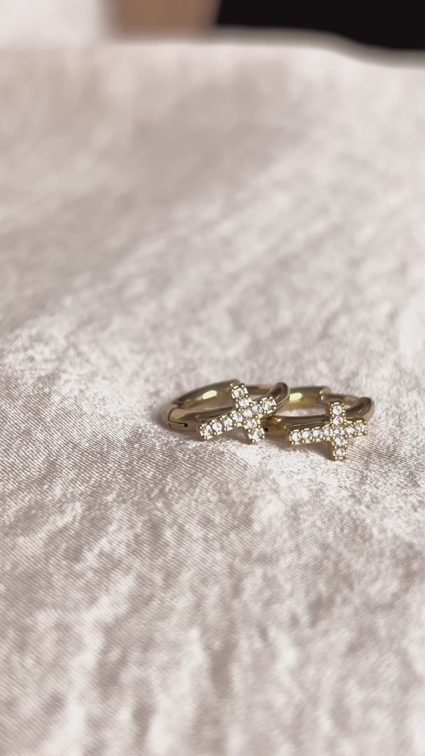 Faith Huggie Hoop Earrings - Gold Cross Diamante