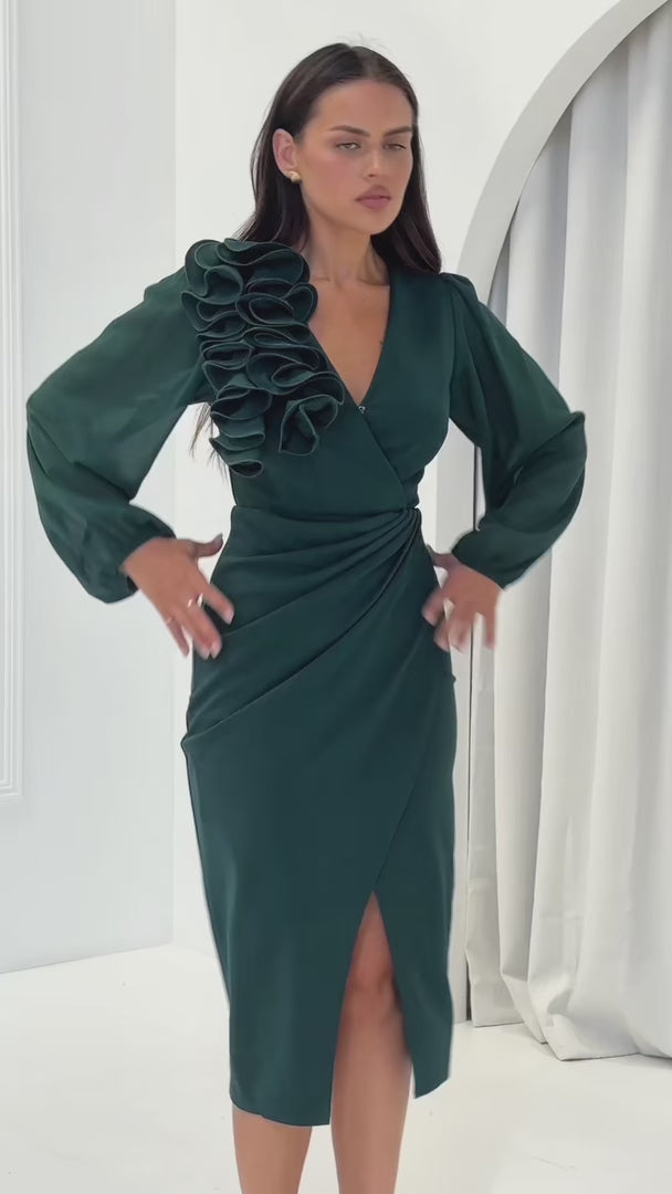 Rosaline Long Sleeve Midi Dress - Emerald Green