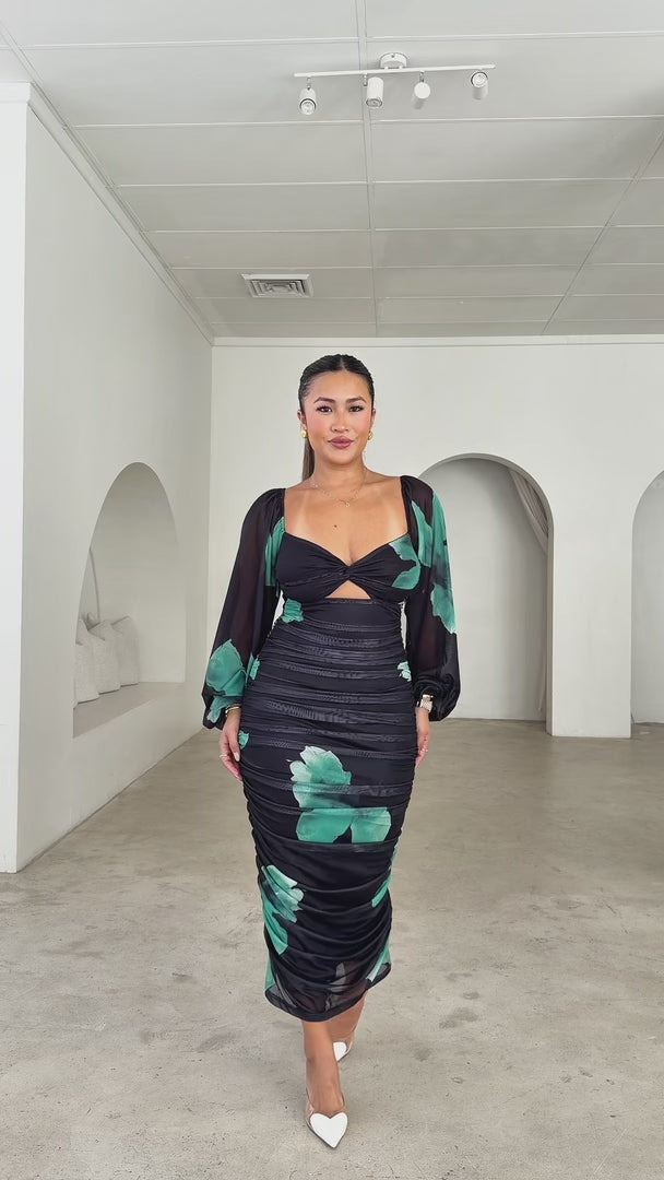 Jolie Mesh Midi Dress - Black Green Floral