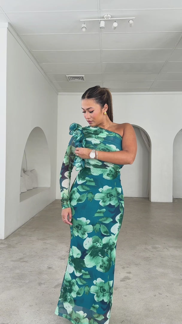Amelio Long Sleeve Mesh Maxi Dress - Teal Green Floral
