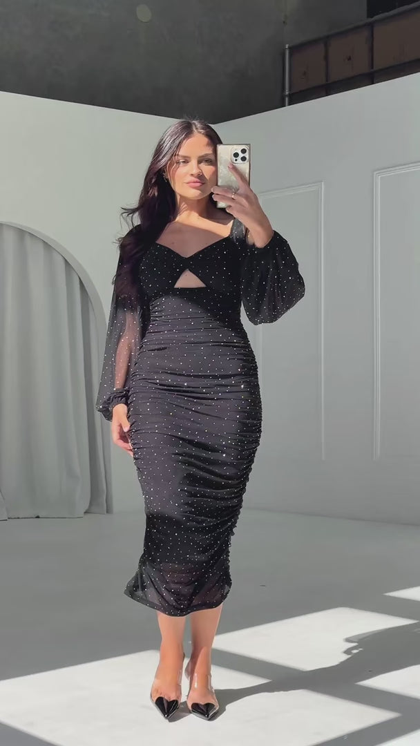 Jolie Mesh Midi Dress - Black Embellished