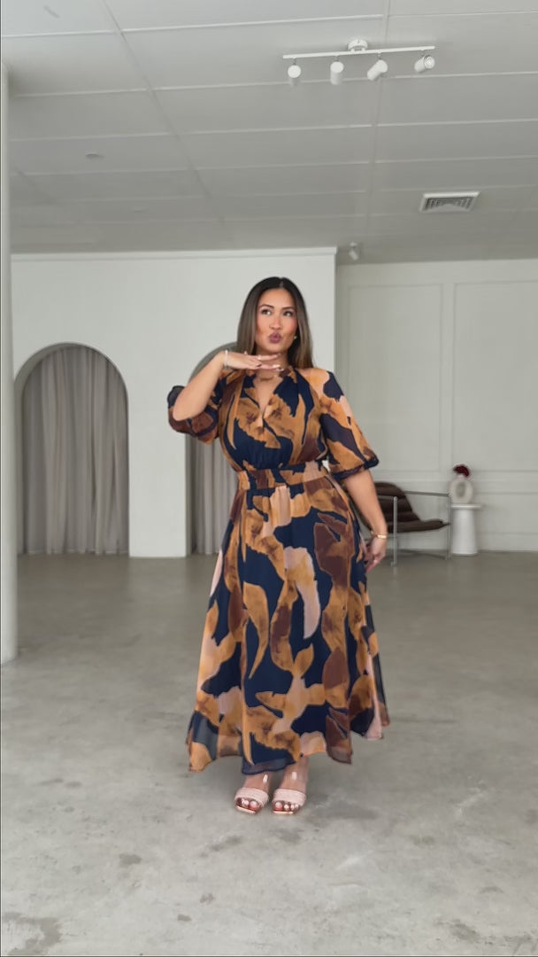Harriet Short Sleeve Maxi Dress - Navy Ochre Print