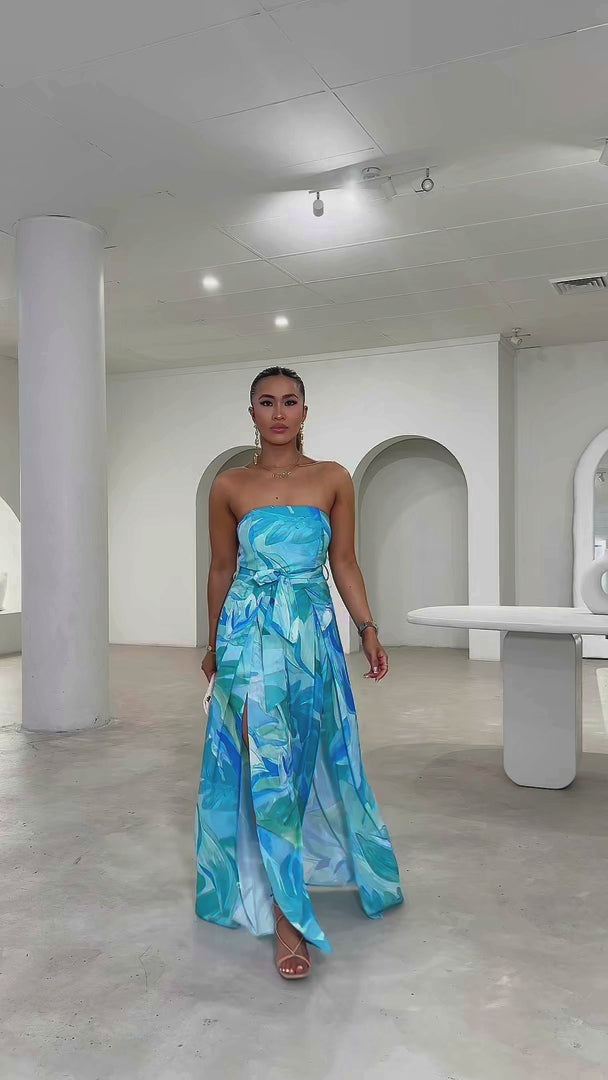 Lagoon Split Detail Jumpsuit - Blue Abstract Print