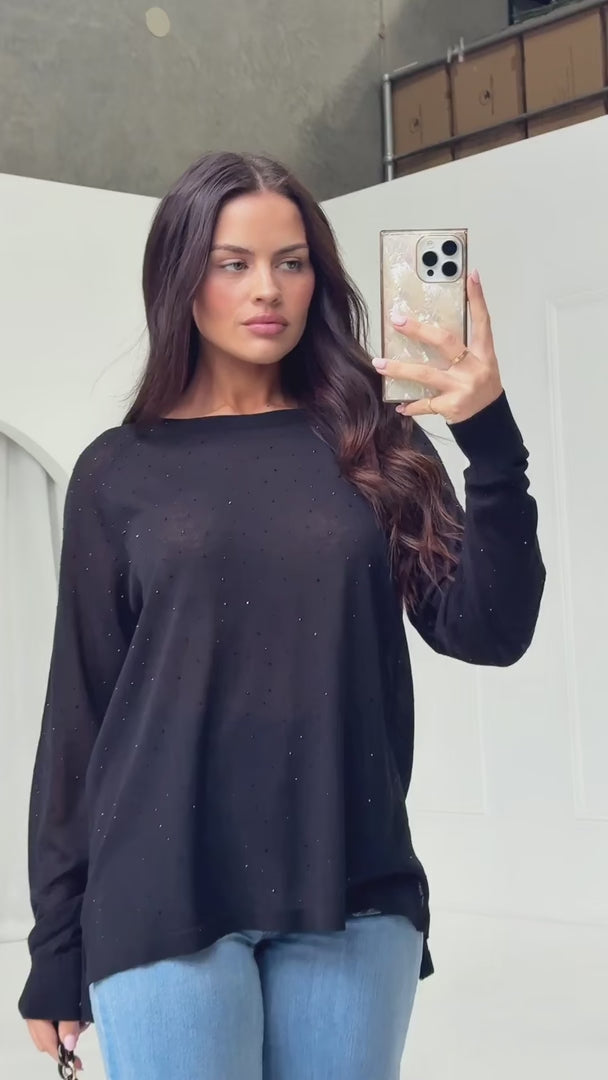 Kora Diamante Long Sleeve Knit Top - Black