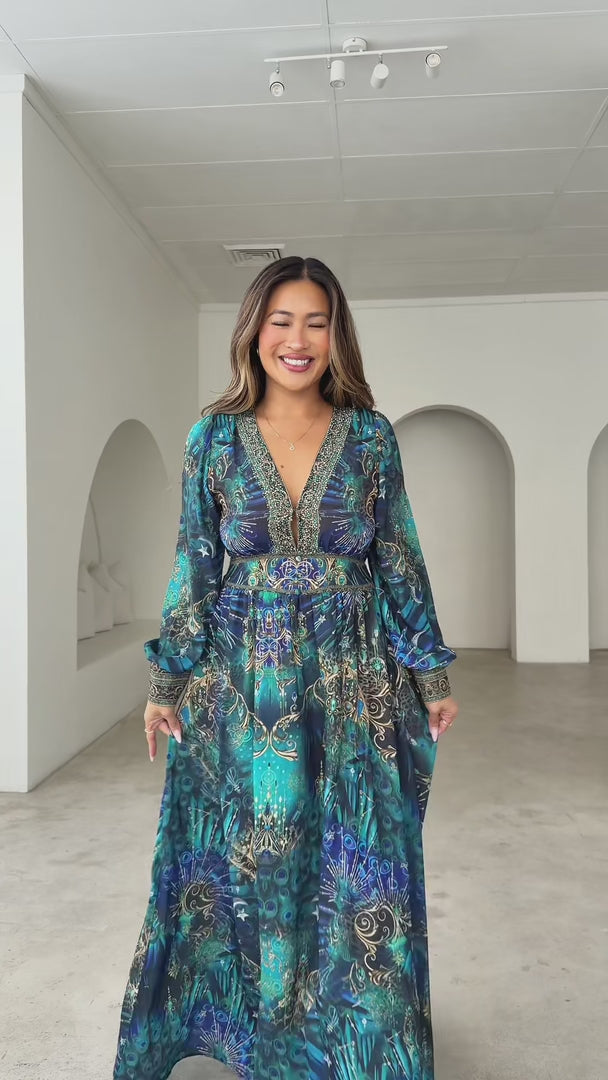 Mayura Gem Embellished Maxi Dress - Peacock Print