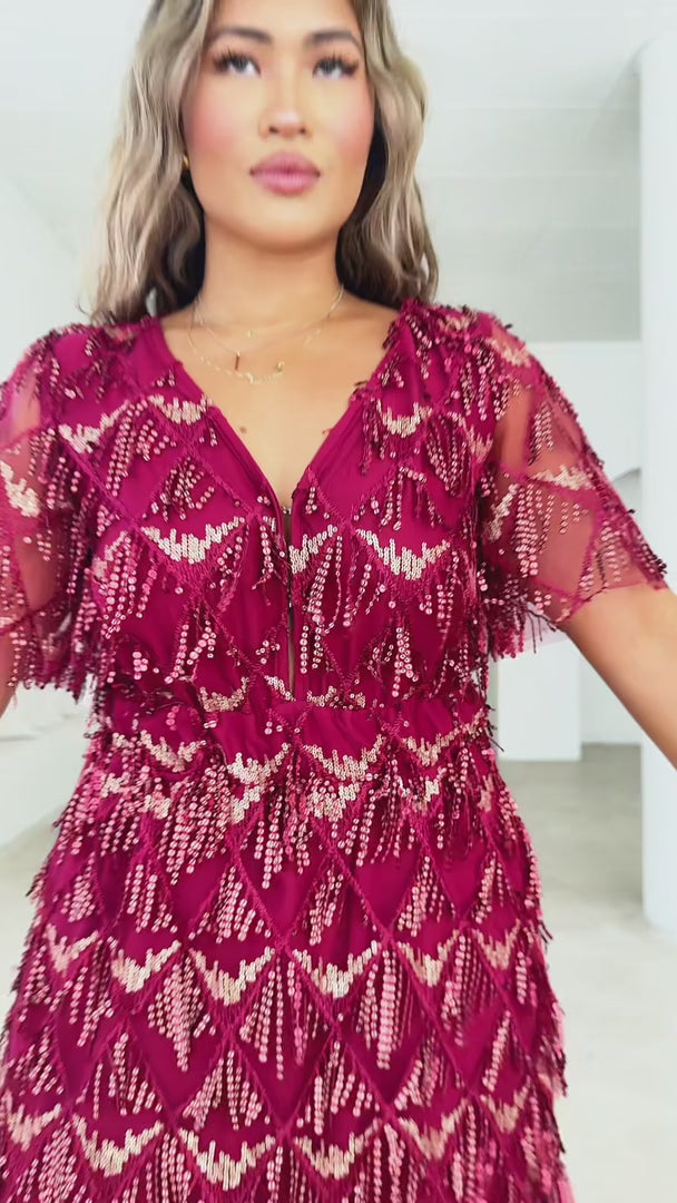 Arilyn Sequin Midi Dress - Wine Gold