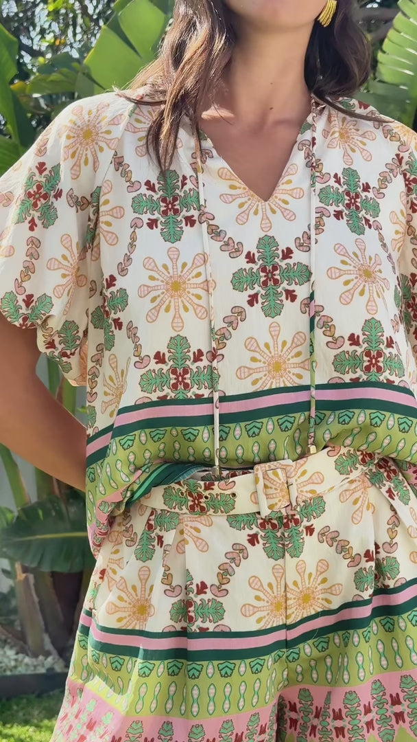 Nakita Top - Cream Green Multi Print