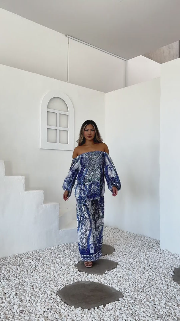Layla Wide Leg Pants - White Blue Floral