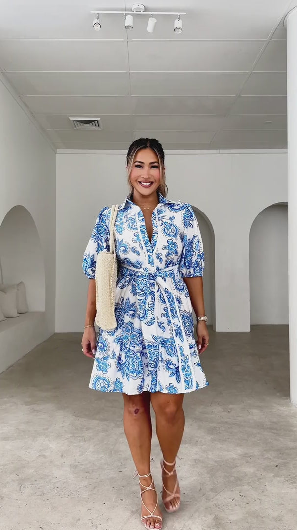 Doneth Mini Dress - White Blue Print