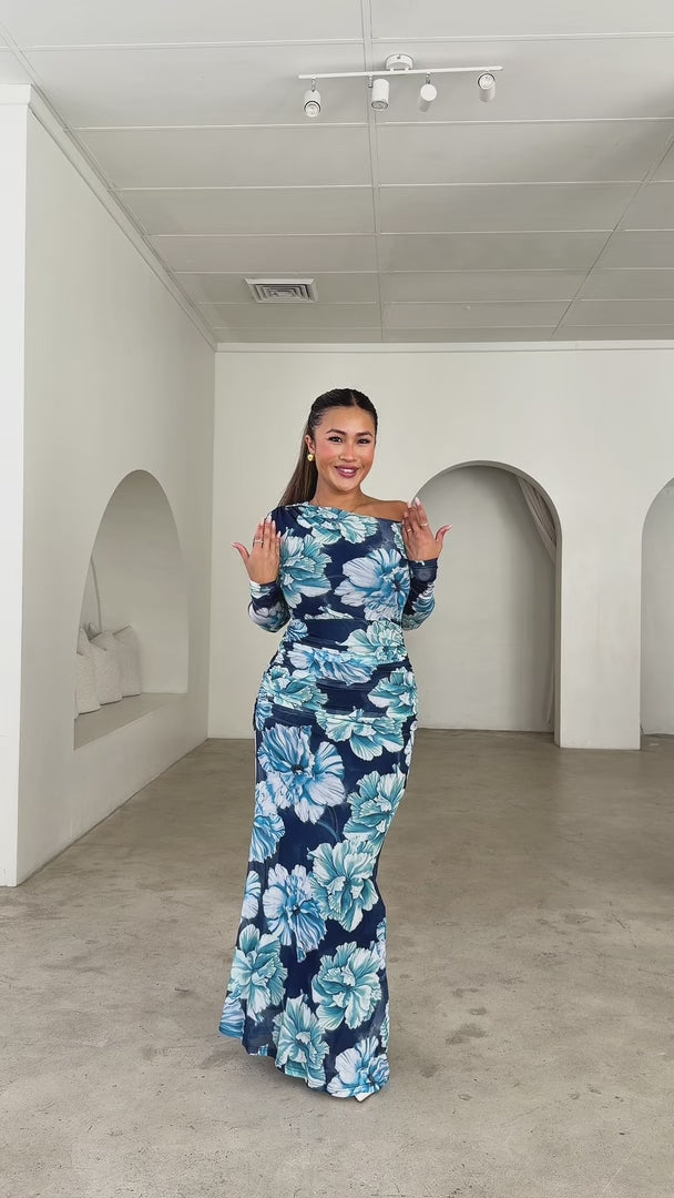 Suzette Mesh Maxi Dress - Navy Blue Floral