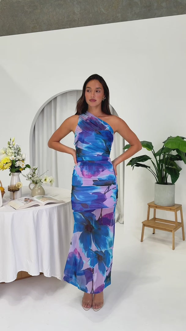 Paloma Mesh Maxi Dress - Purple Blue Floral
