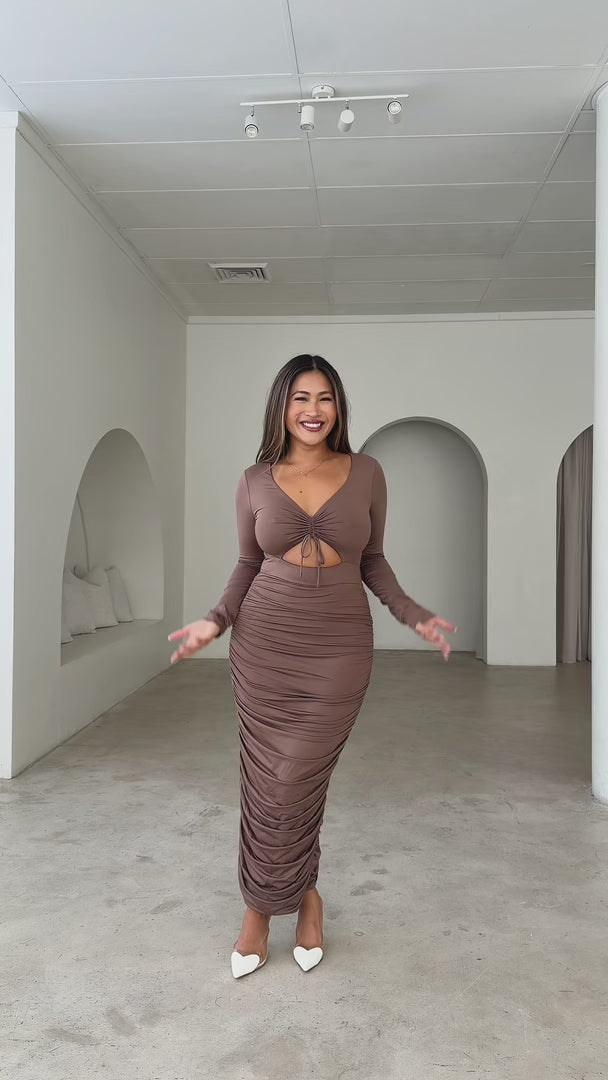 Frankie Long Sleeve Midi Dress - Chocolate Brown