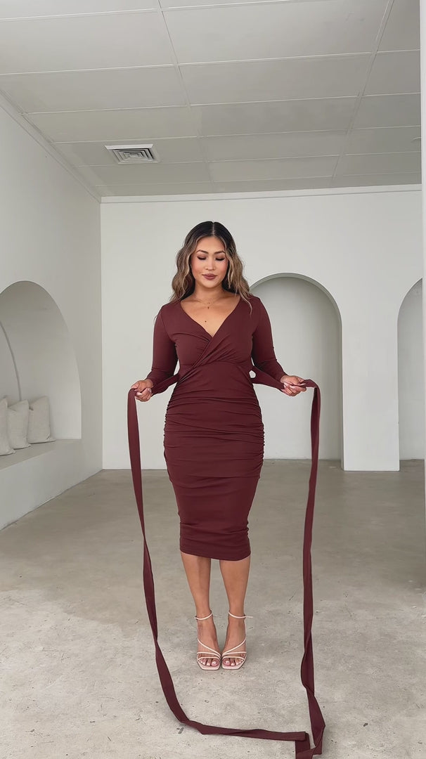 Aston Long Sleeve Midi Dress - Chocolate Brown