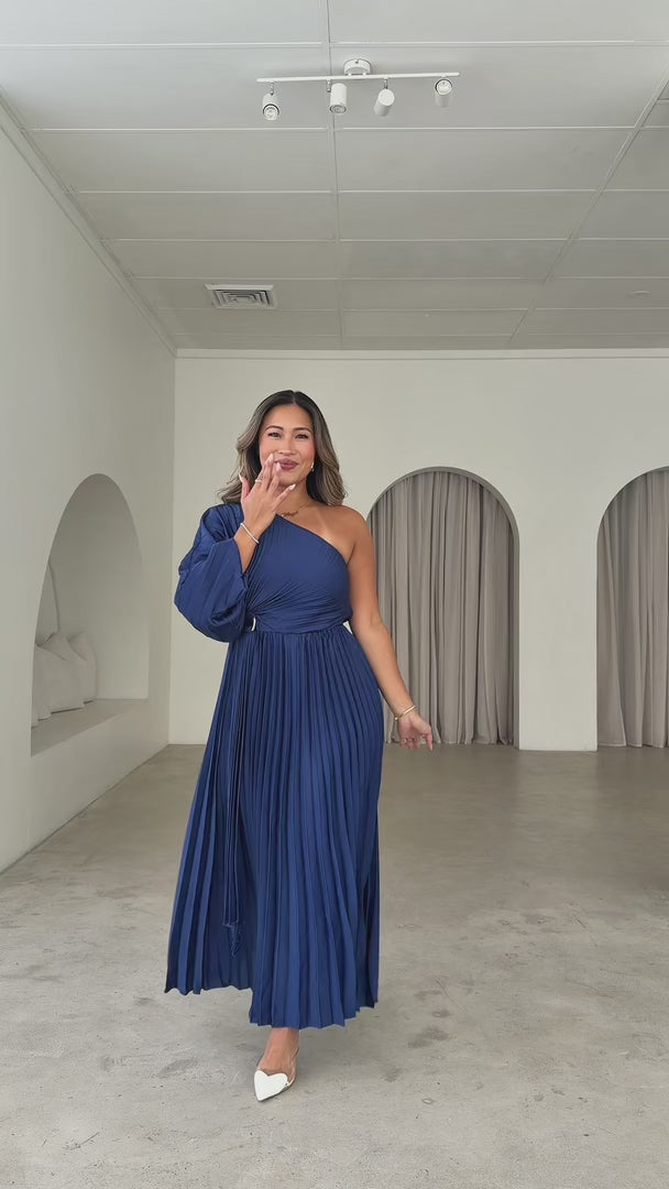 Xanbi One Shoulder Pleated Maxi Dress - Navy