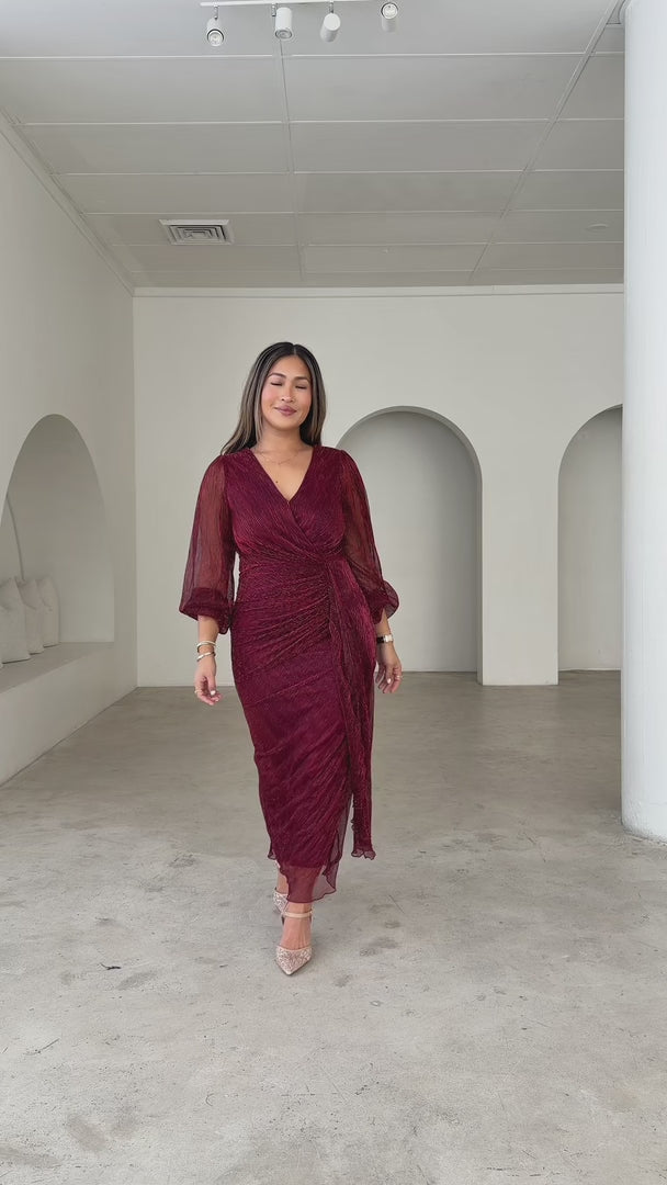 Galleria Long Sleeve Maxi Dress - Wine Red Metallic
