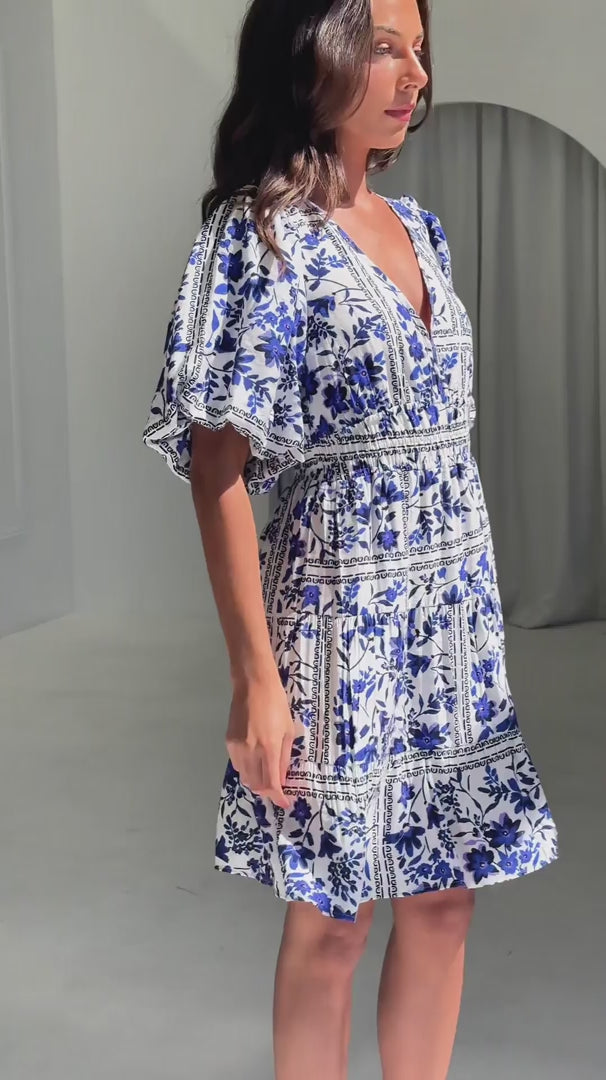 Monique Puff Sleeve Dress - White Blue Floral