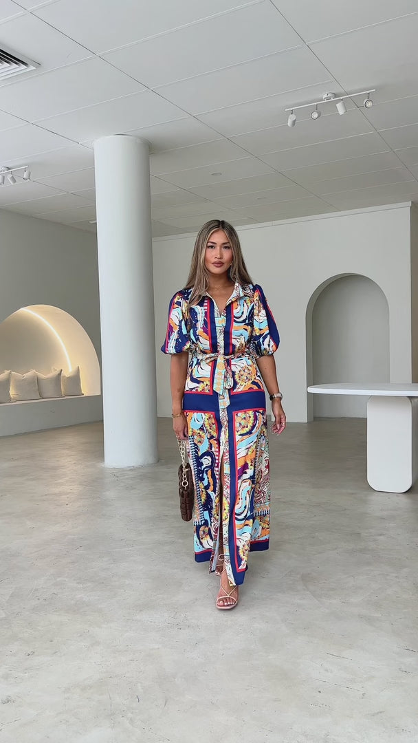 Augustine Short Sleeve Maxi Dress -  Navy Multi Print