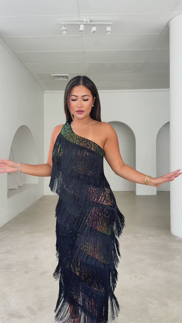 Gatsby Fringe Tassel Midi Dress - Black Rainbow Sequin