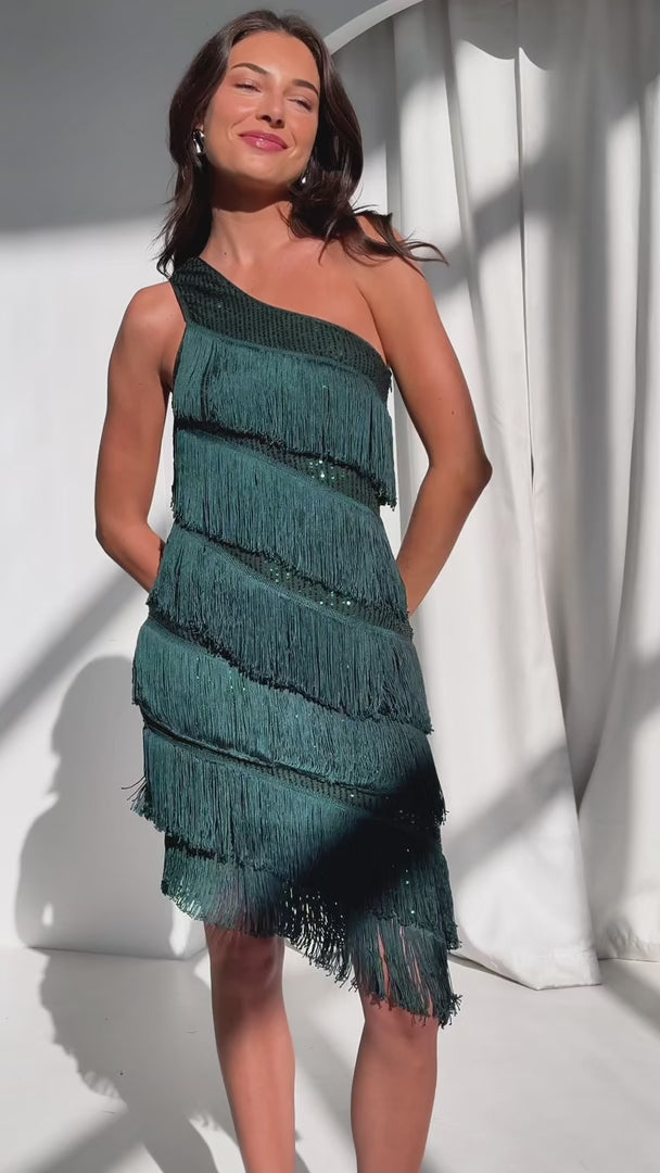 Gatsby Fringe Tassel Dress - Emerald Sequin