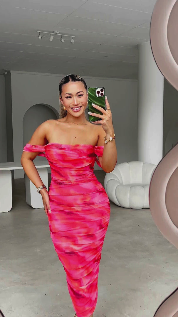 Pandora Mesh Midi Dress - Pink Orange Print