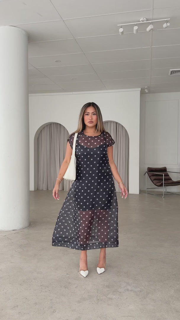 (PREORDER) Mylah Midi Dress -  Black Polka Dot