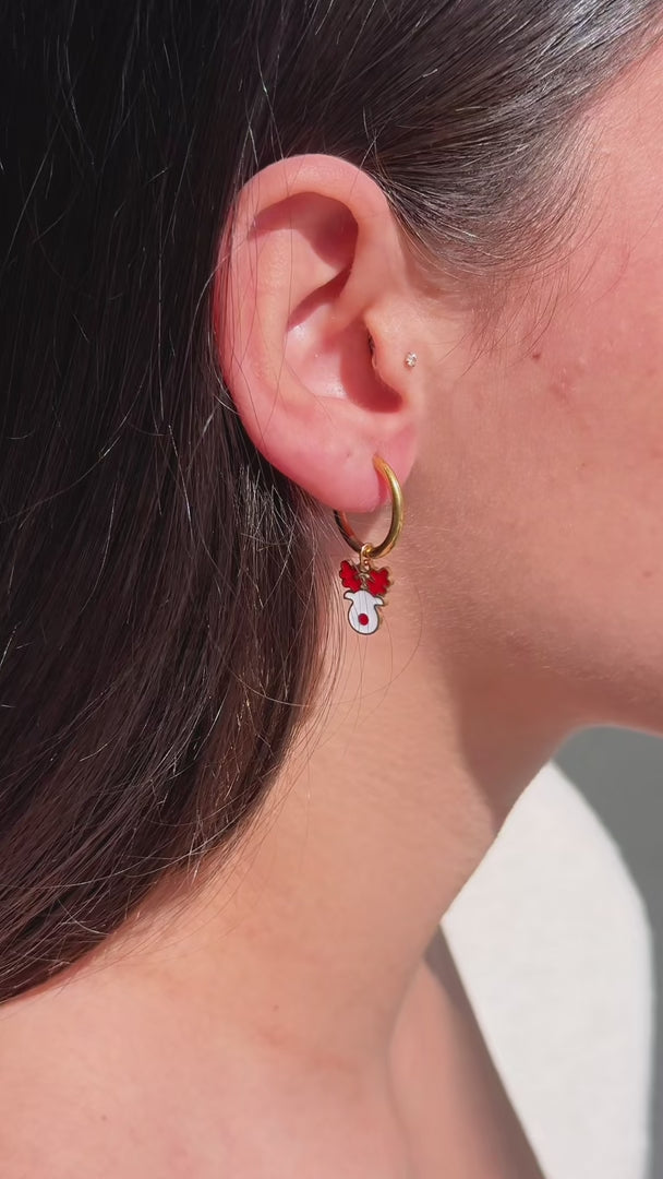 Red Nose Hoop Charm Earrings - Gold White Reindeer