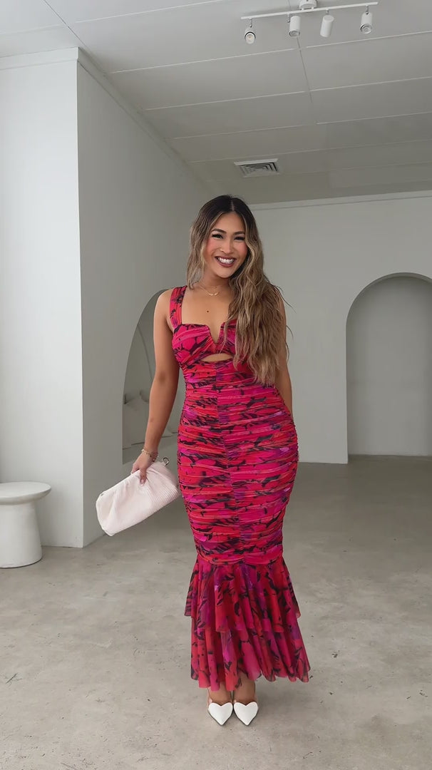 Highland Mesh Maxi Dress - Red Multi Print