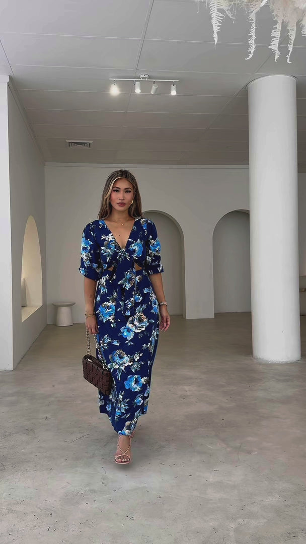 Roza Long Sleeve Maxi Dress - Navy Blue Floral